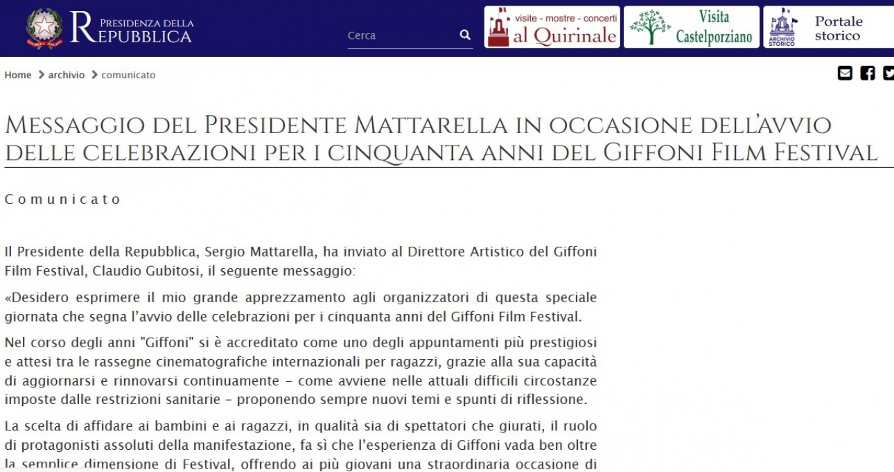 Gli auguri del presidente Mattarella per i primi 50 anni del Giffoni Film Festival